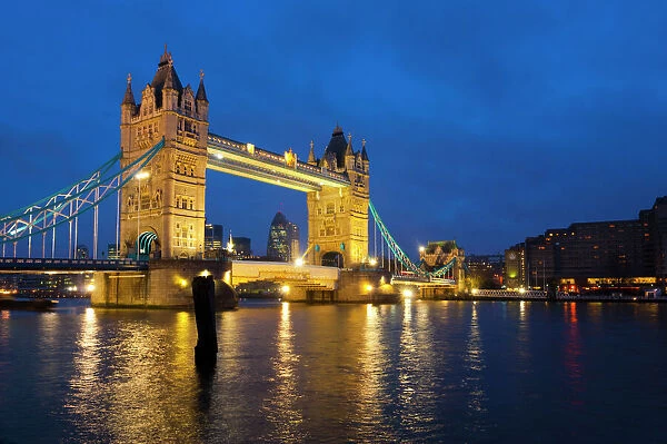 UK, England, London, Tower Bridge over River Thames and Swiss Re Building