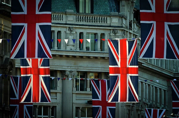 UK. London. Regent Street. Union Jack decorations for Royal Wedding