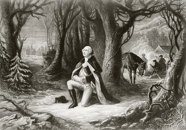 George Washington prays at the American Revolutionary War encampment of Valley Forge