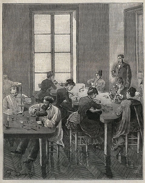 Jewelry workshop in Paris in the 19th century. Engraving from 1885 in '