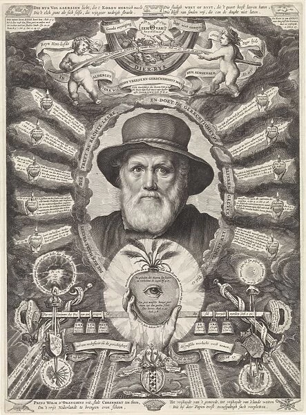 Portrait of Dirck Volckertsz Coornhert in allegorical frame, Theodor Matham, William II