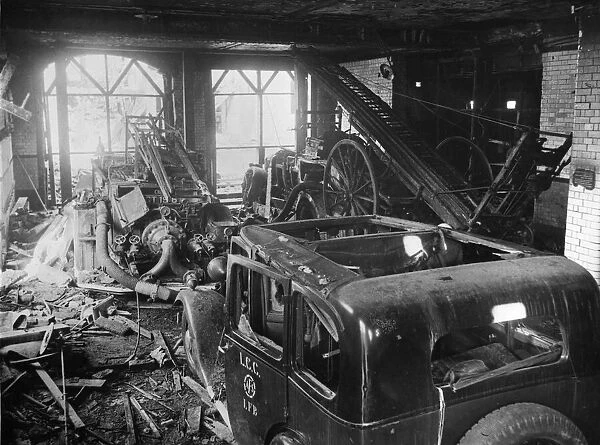 AFS (The Auxiliary Fire Service) damaged vehicles at a fire station in London