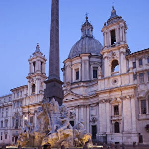 Italy, Rome, Piazza Navona, Fountain of the Four Rivers and Sant Agnese in Agone