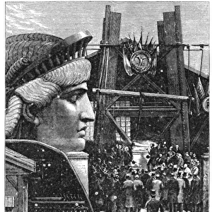 STATUE OF LIBERTY, 1881. Levi Morton, U. S. Minister to France, driving the first rivet into the Statues pedestal, at Paris, 24 October 1881. Wood engraving, American, 1881