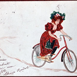 Postcard of a woman on a bike - illustration by R. Kirchner, v. 1900