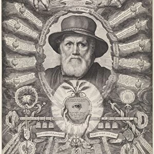 Portrait of Dirck Volckertsz Coornhert in allegorical frame, print maker: Theodor Matham