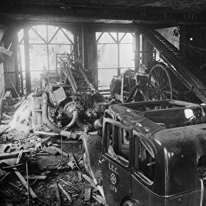 AFS (The Auxiliary Fire Service) damaged vehicles at a fire station in London